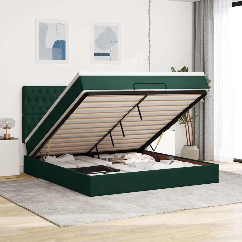 Cadre de lit ottoman avec matelas vert foncé 200x200 cm velours - XIOS