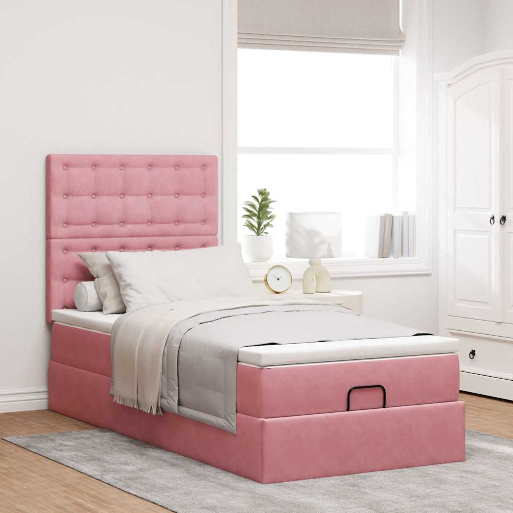 Cadre de lit ottoman avec matelas rose 80x200 cm velours - XIOS