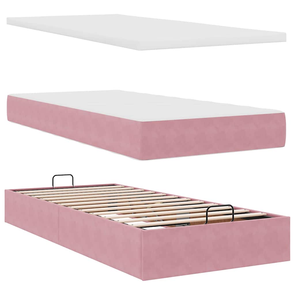 Cadre de lit ottoman avec matelas rose 80x200 cm velours - XIOS