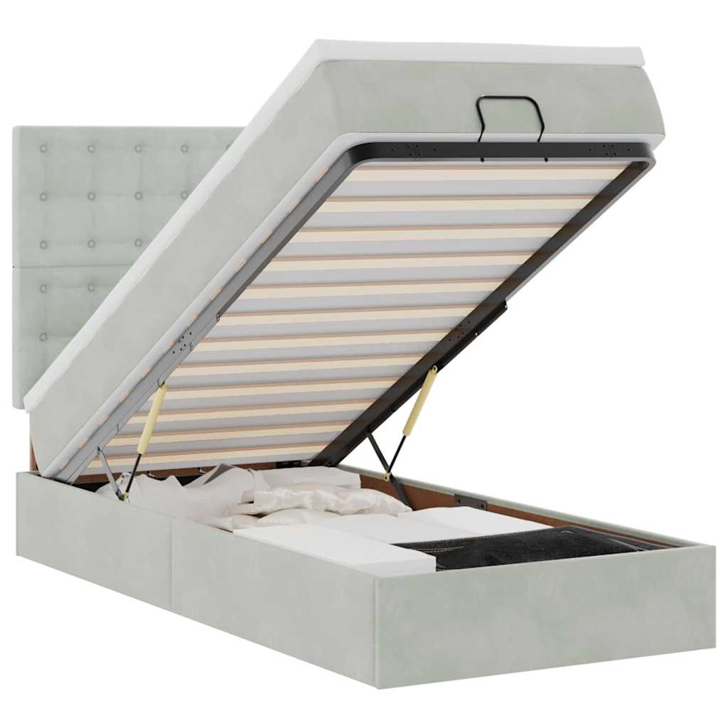 Cadre de lit ottoman et matelas gris clair 90x190 cm velours - XIOS