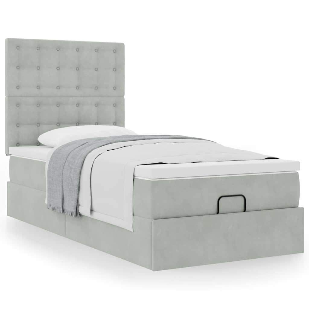 Cadre de lit ottoman et matelas gris clair 90x190 cm velours - XIOS