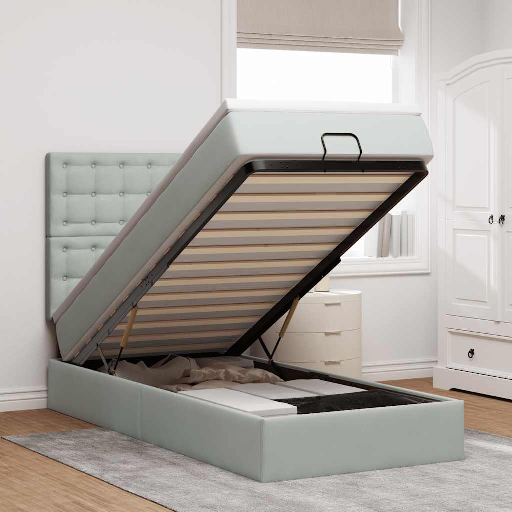 Cadre de lit ottoman et matelas gris clair 90x190 cm velours - XIOS