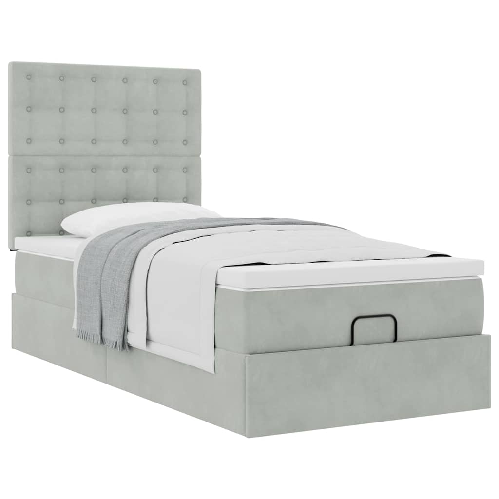 Cadre de lit ottoman et matelas gris clair 90x200 cm velours - XIOS