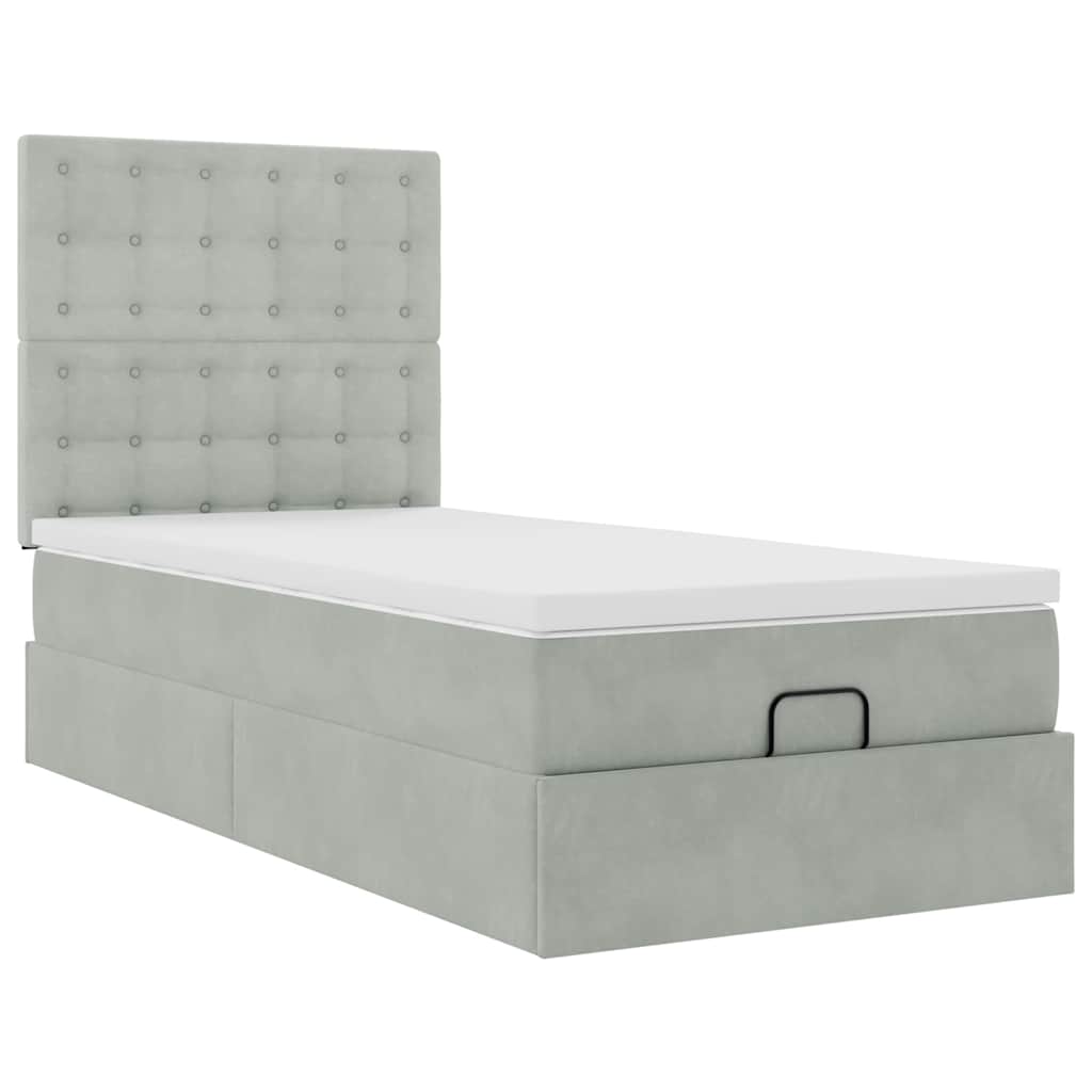 Cadre de lit ottoman et matelas gris clair 90x200 cm velours - XIOS