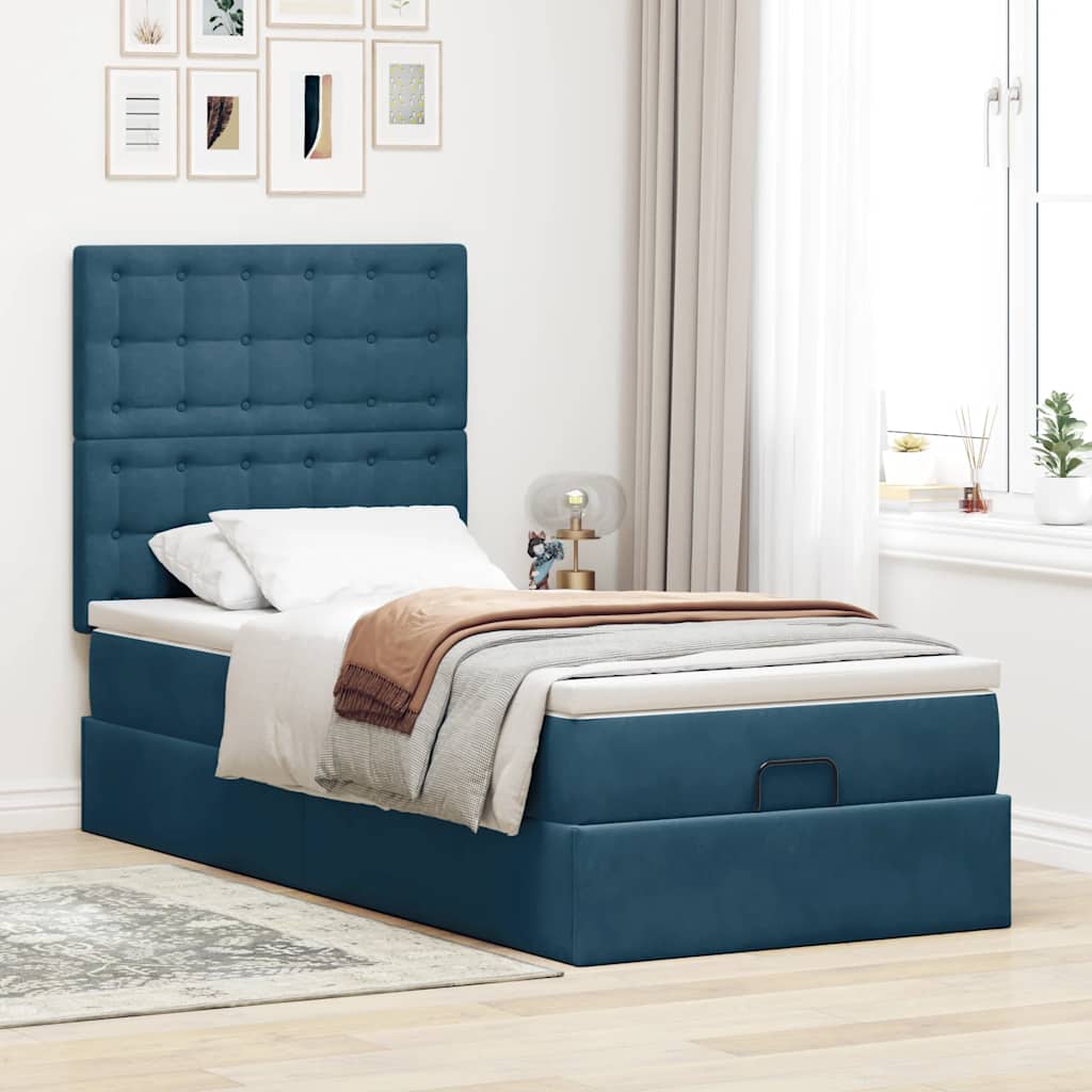 Cadre de lit ottoman avec matelas bleu foncé 90x200 cm velours - XIOS
