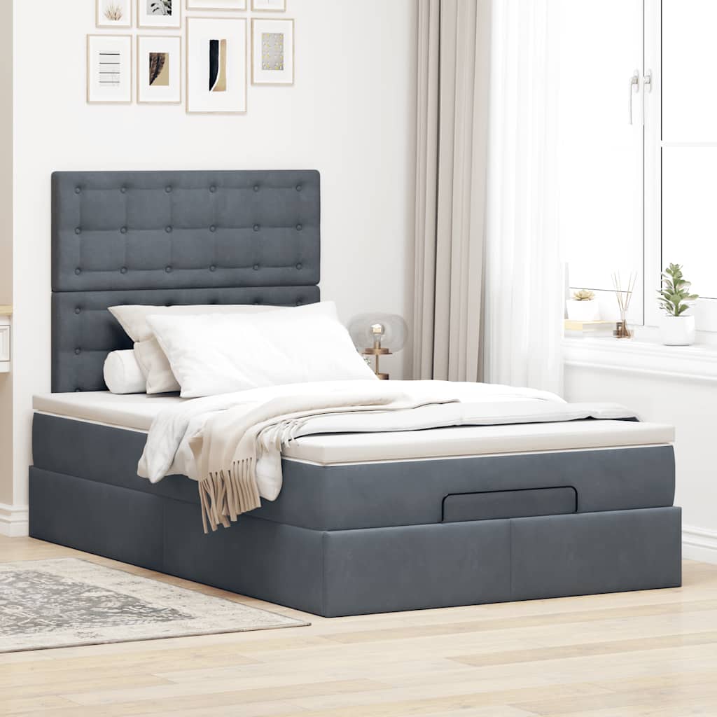 Cadre de lit ottoman avec matelas gris foncé 120x190 cm velours - XIOS