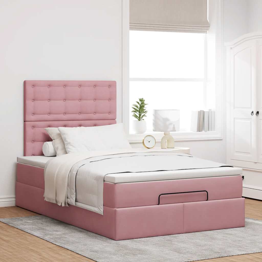 Cadre de lit ottoman avec matelas rose 120x190 cm velours - XIOS