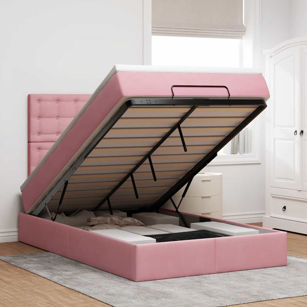 Cadre de lit ottoman avec matelas rose 120x200 cm velours - XIOS