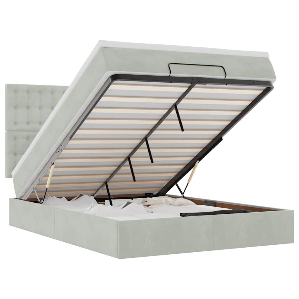 Cadre de lit ottoman et matelas gris clair 140x190 velours