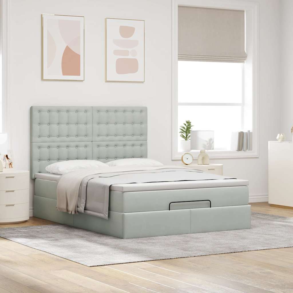 Cadre de lit ottoman et matelas gris clair 140x190 velours - XIOS