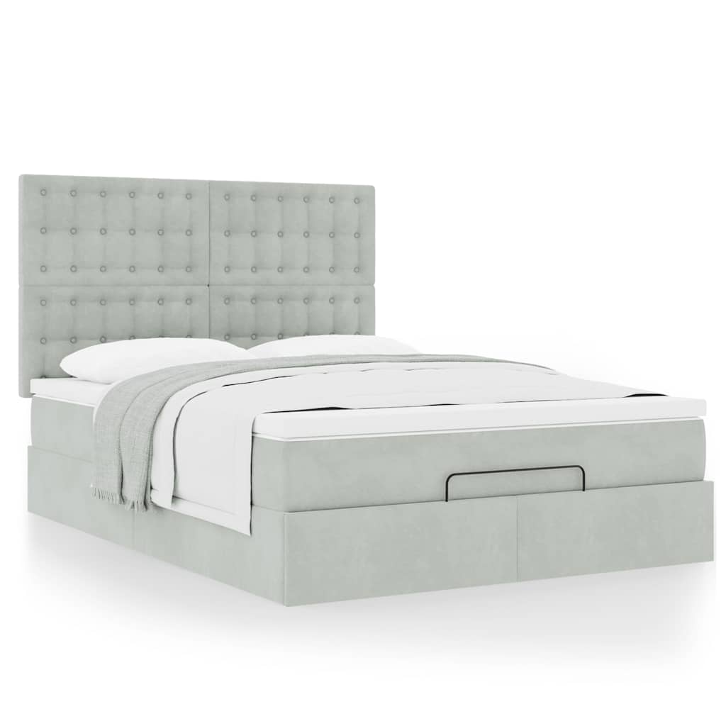 Cadre de lit ottoman et matelas gris clair 140x190 velours - XIOS