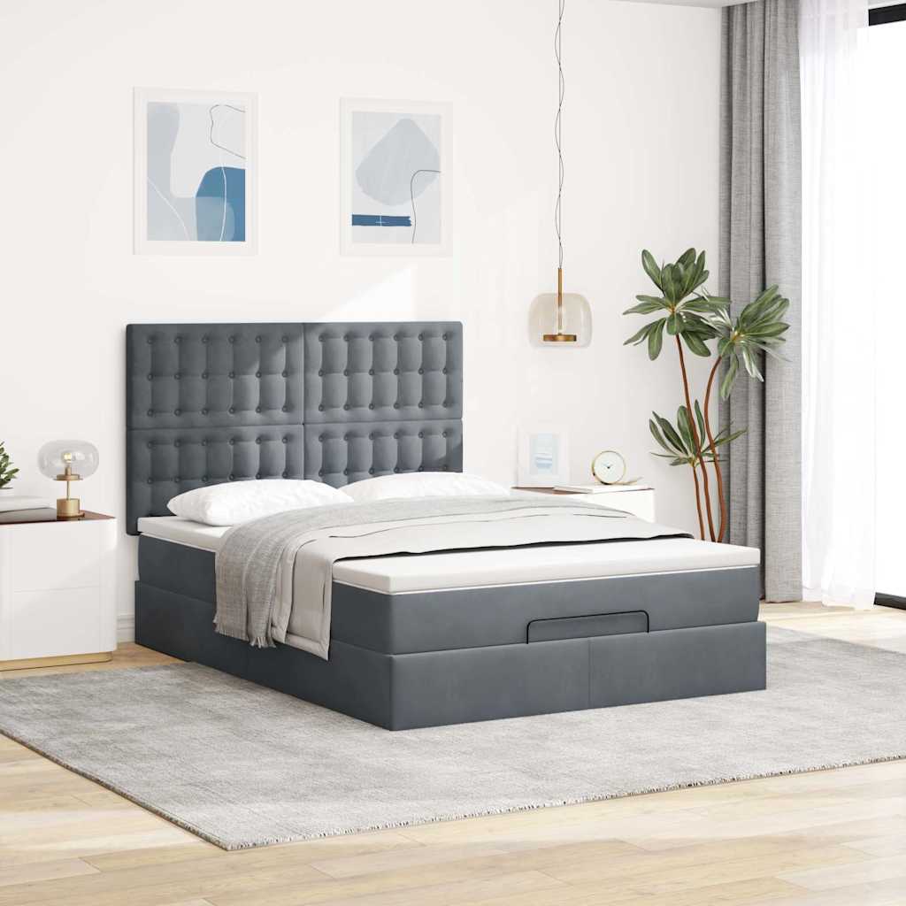 Cadre de lit ottoman avec matelas gris foncé 140x190 cm velours - XIOS
