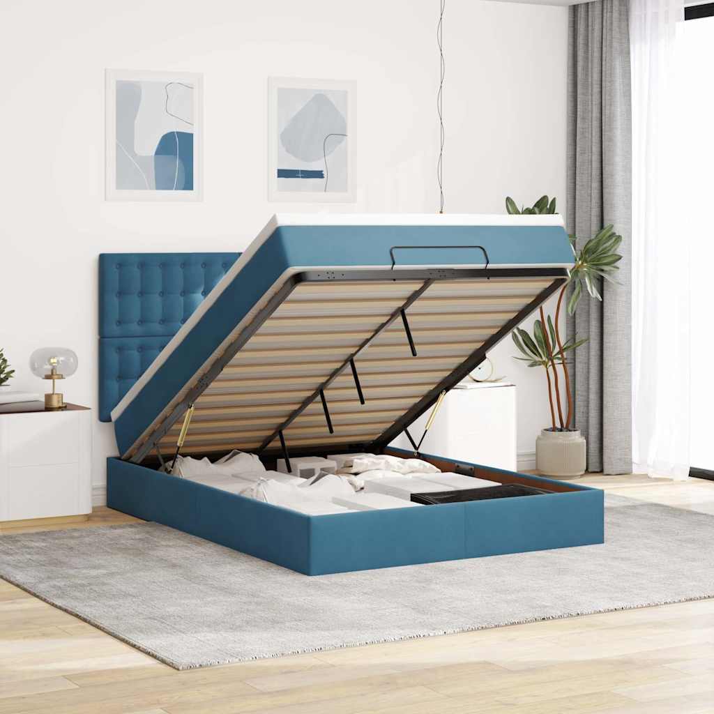 Cadre de lit ottoman avec matelas bleu foncé 140x190 cm velours