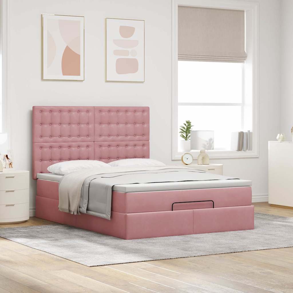 Cadre de lit ottoman avec matelas rose 140x190 cm velours - XIOS