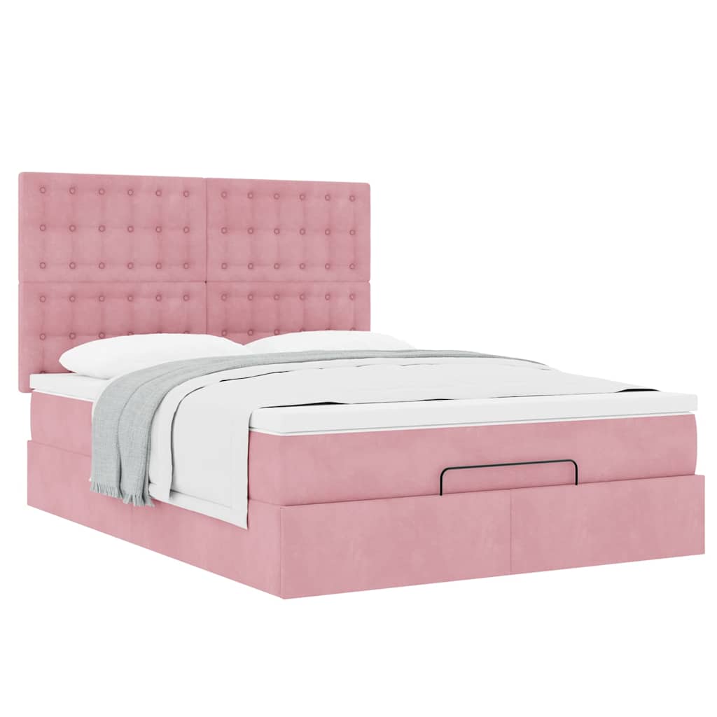 Cadre de lit ottoman avec matelas rose 140x190 cm velours - XIOS