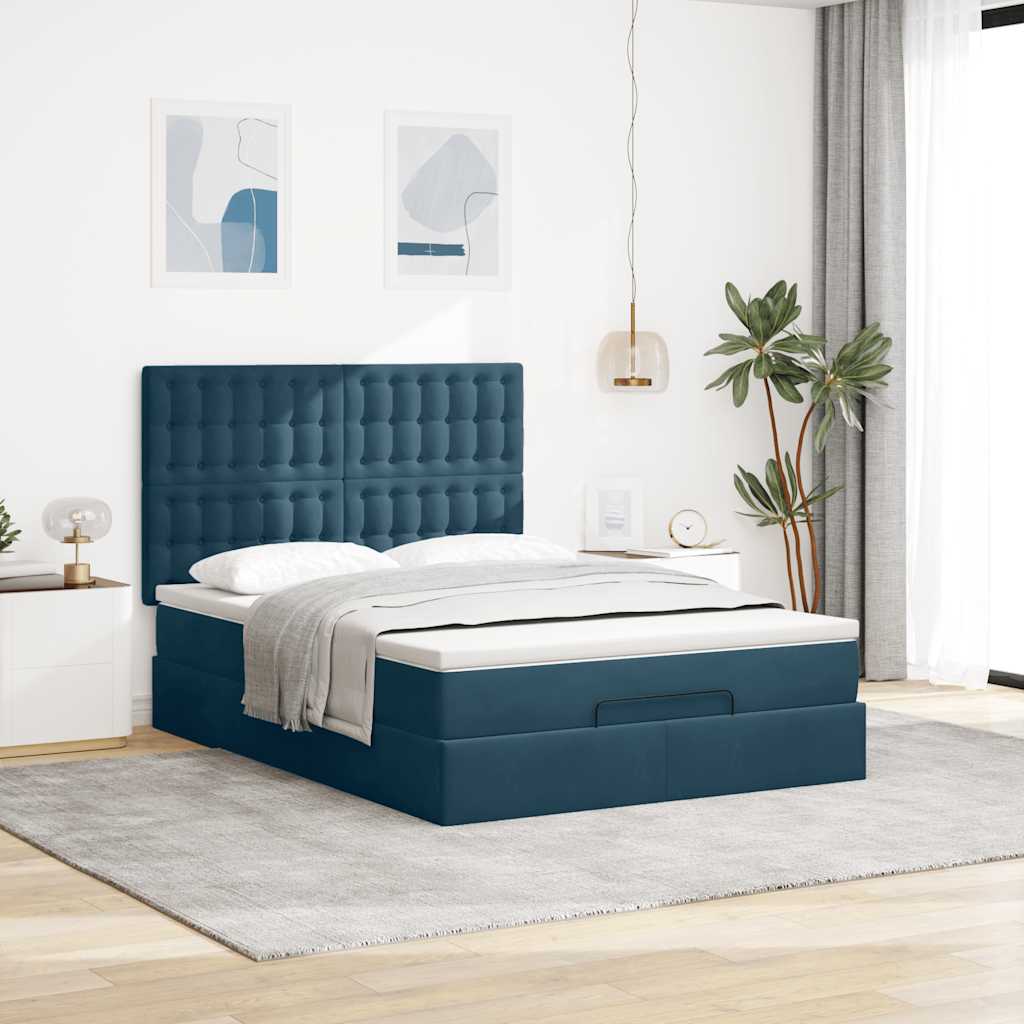 Cadre de lit ottoman avec matelas bleu foncé 140x200 cm velours - XIOS