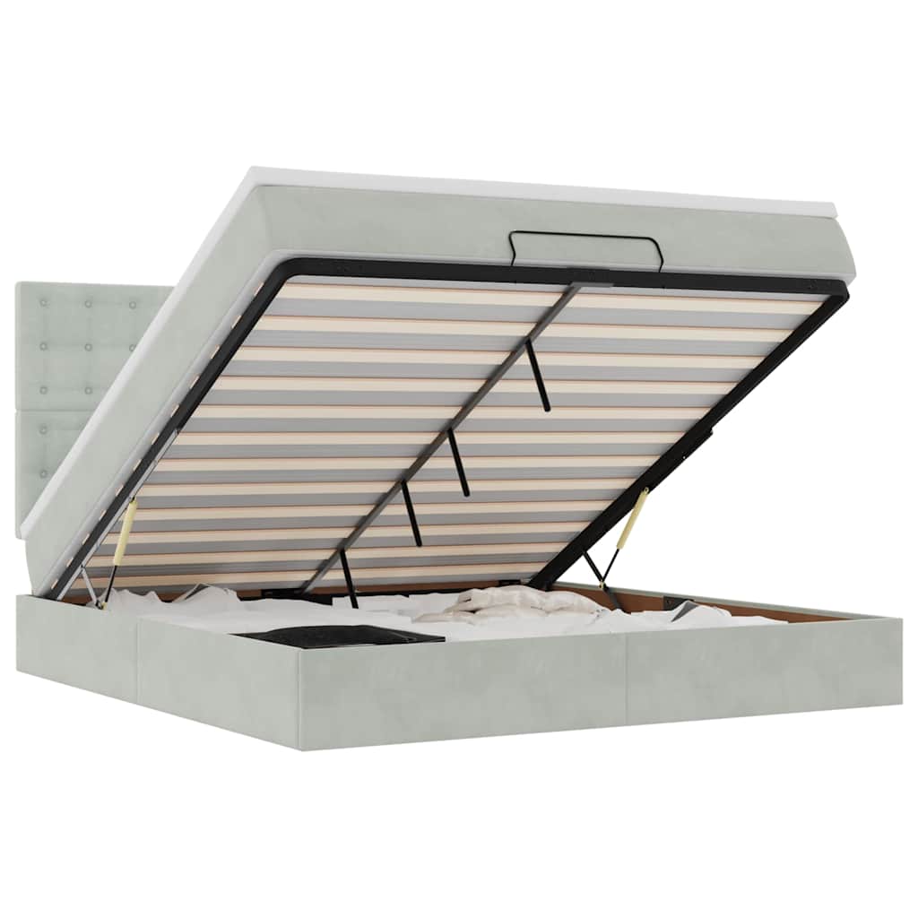 Cadre de lit ottoman et matelas gris clair 160x200cm velours - XIOS