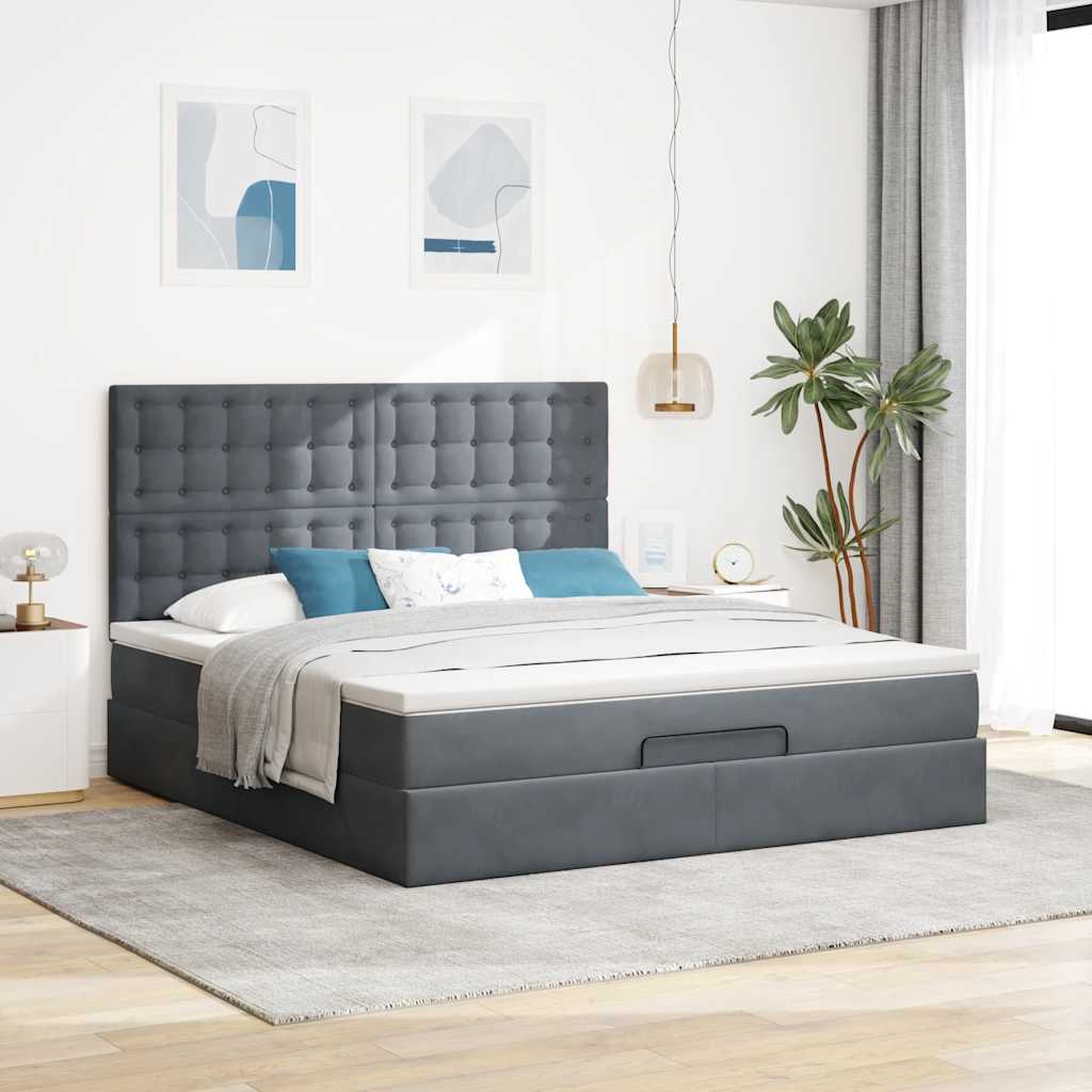 Cadre de lit ottoman avec matelas gris foncé 180x200cm velours - XIOS