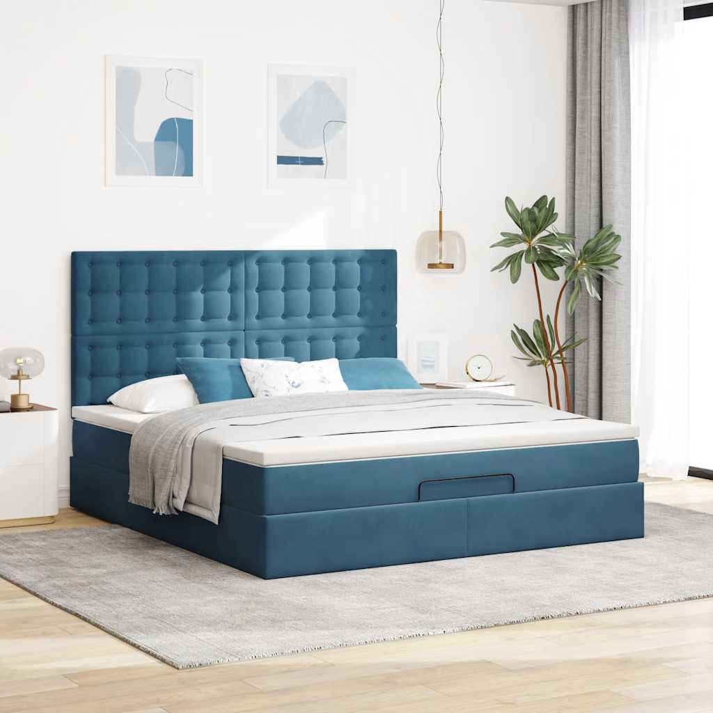 Cadre de lit ottoman avec matelas bleu foncé 180x200 cm velours - XIOS