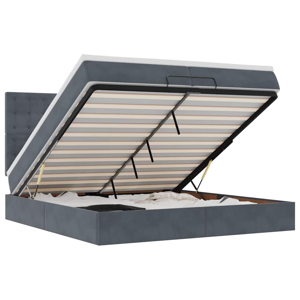 Cadre de lit ottoman avec matelas gris foncé 200x200 cm velours - XIOS