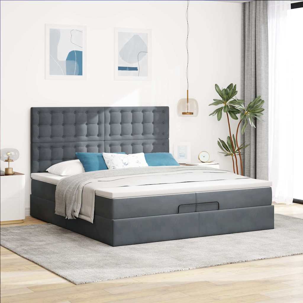 Cadre de lit ottoman avec matelas gris foncé 200x200 cm velours - XIOS