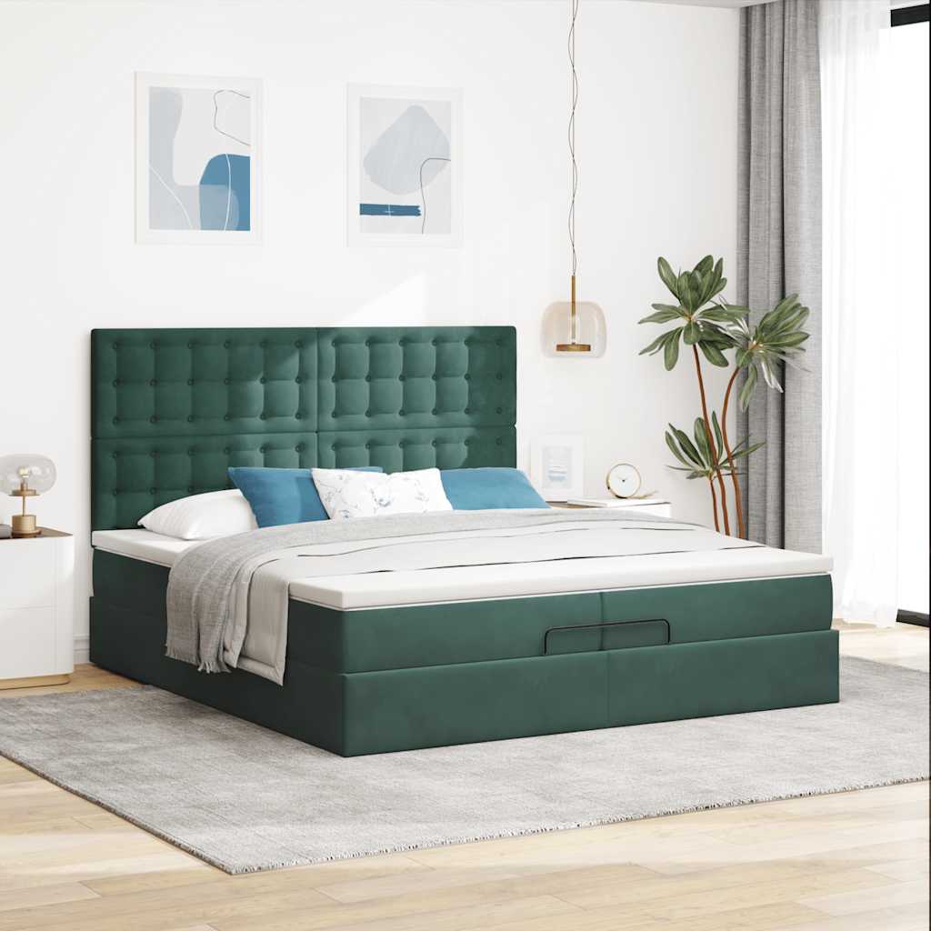 Cadre de lit ottoman avec matelas vert foncé 200x200 cm velours - XIOS