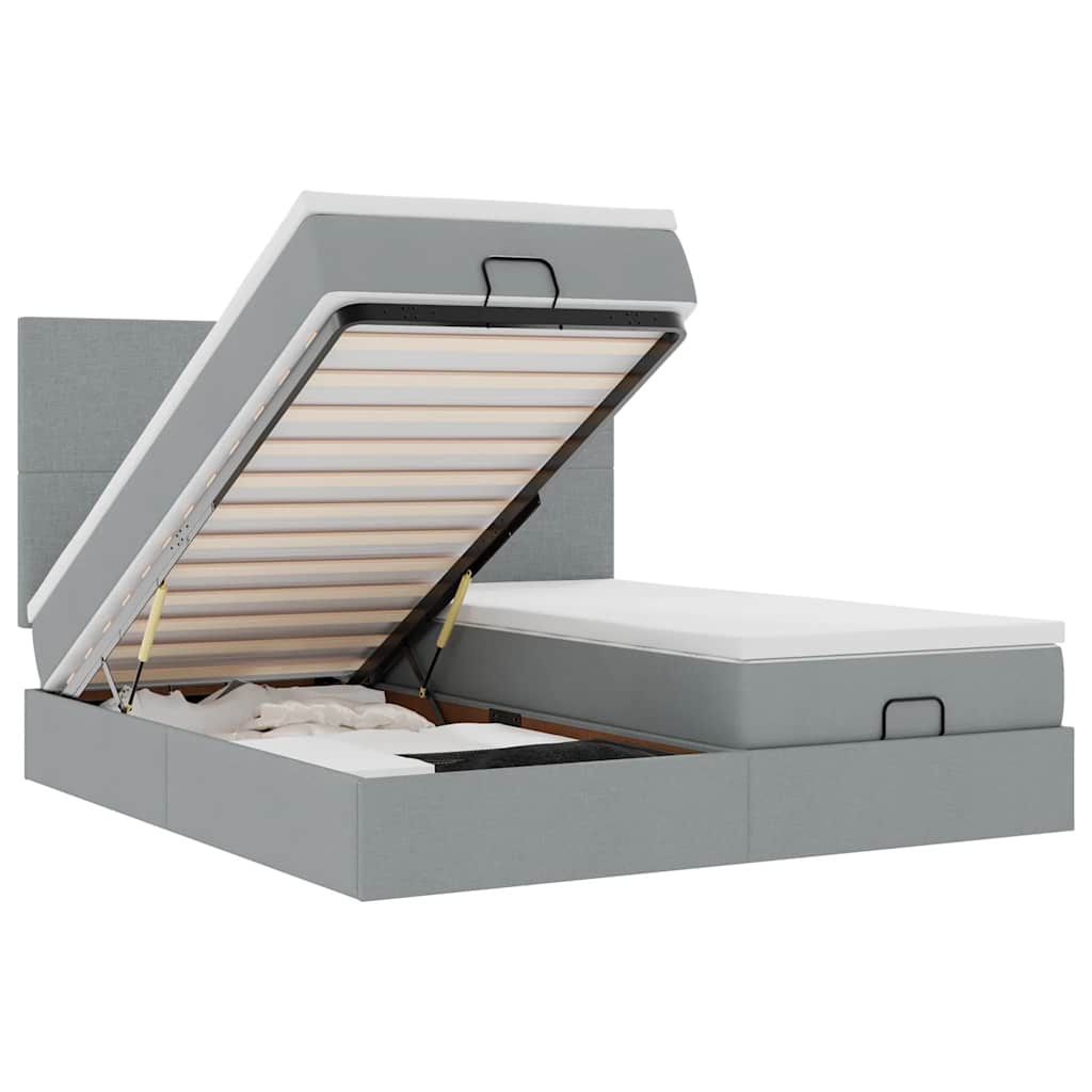 Cadre de lit ottoman et matelas gris clair 160x200cm tissu - XIOS