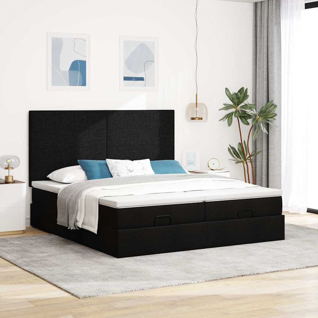 Cadre de lit ottoman avec matelas noir 160x200 cm tissu - XIOS