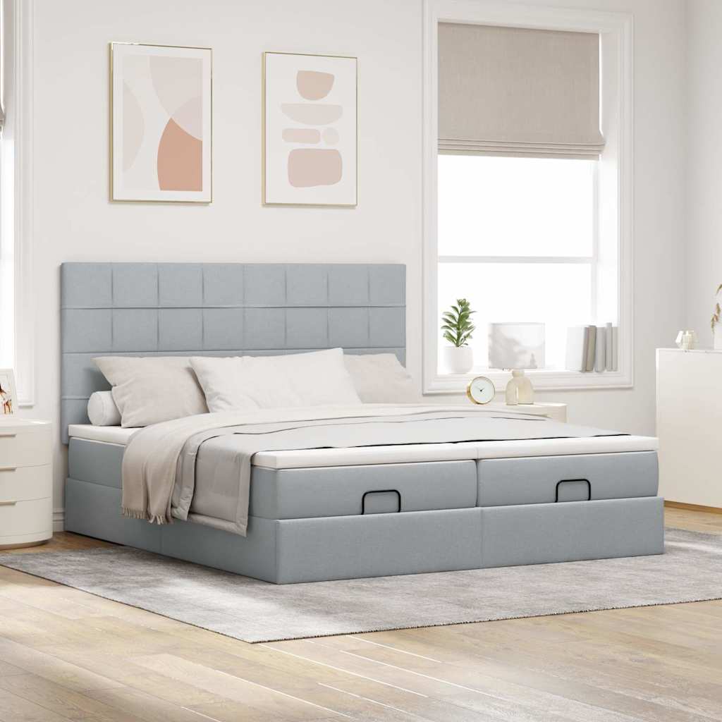 Cadre de lit ottoman et matelas gris clair 200x200cm tissu - XIOS