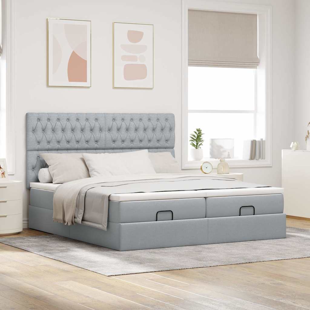 Cadre de lit ottoman et matelas gris clair 200x200cm tissu - XIOS