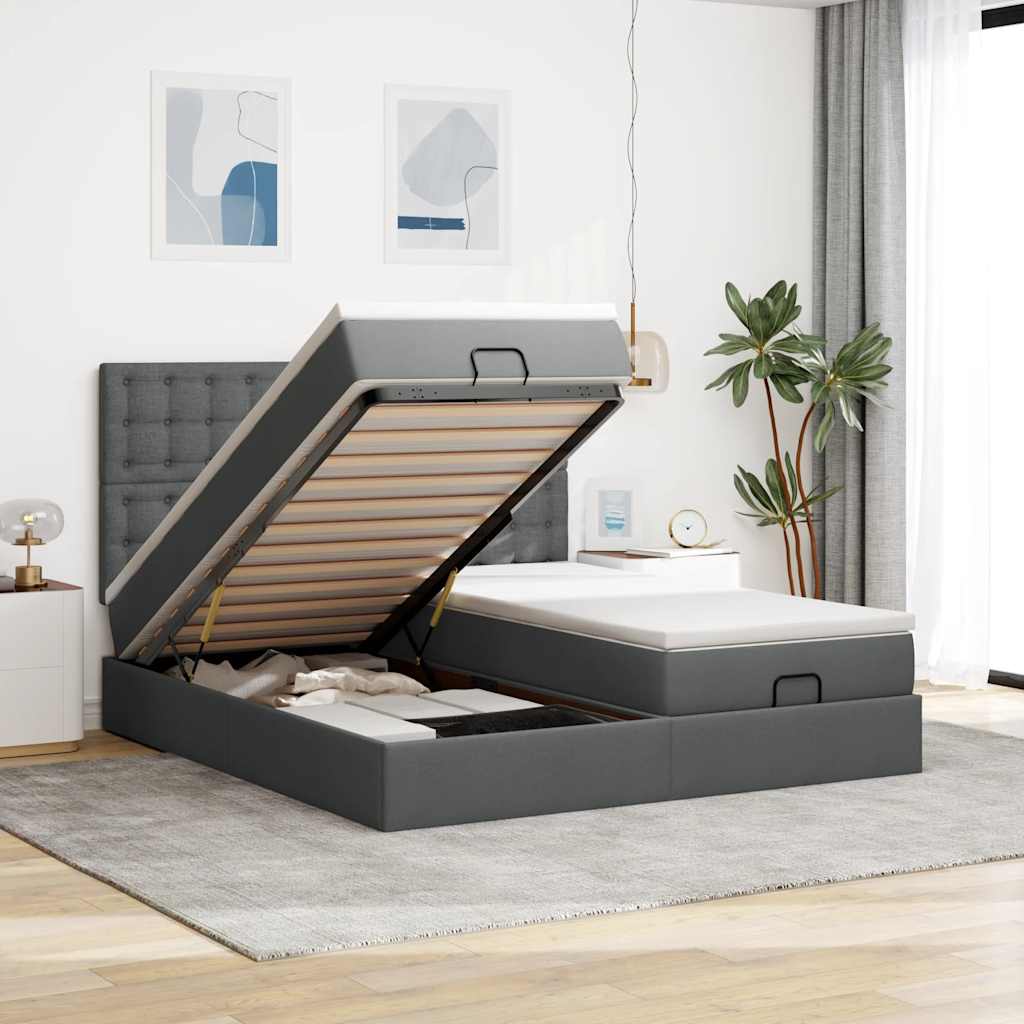Cadre de lit ottoman avec matelas gris foncé 160x200cm tissu - XIOS