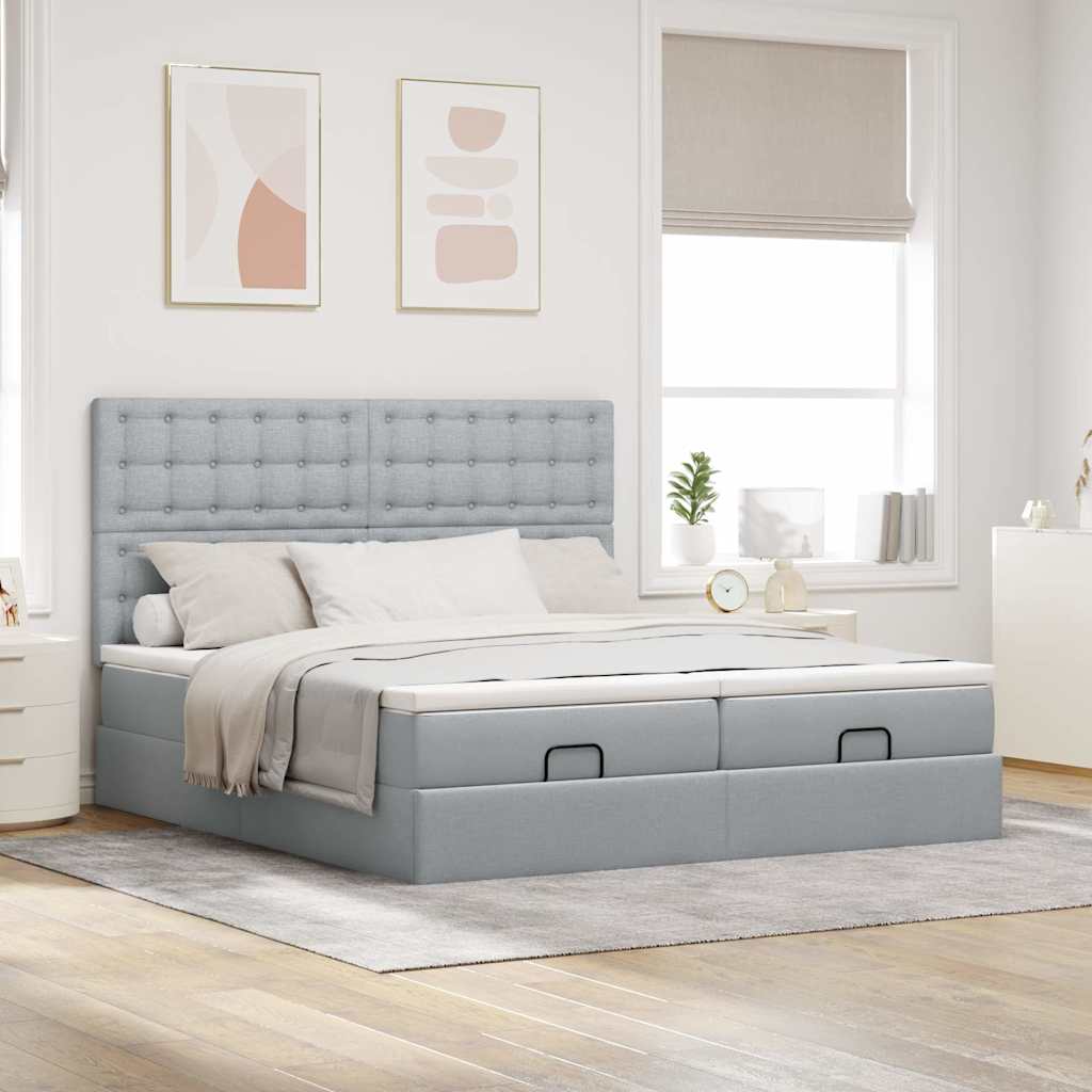 Cadre de lit ottoman et matelas gris clair 200x200cm tissu - XIOS