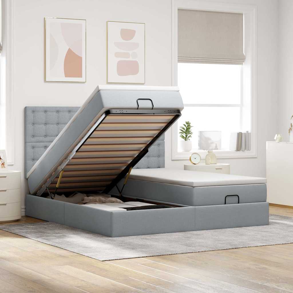 Cadre de lit ottoman et matelas gris clair 200x200cm tissu - XIOS