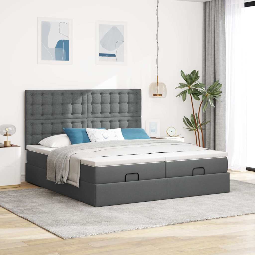 Cadre de lit ottoman avec matelas gris foncé 200x200cm tissu - XIOS