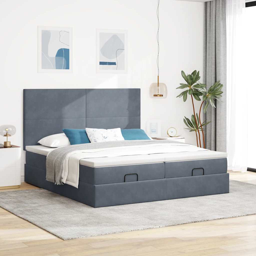 Cadre de lit ottoman avec matelas gris foncé 160x200cm velours - XIOS