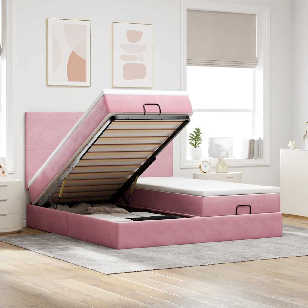 Cadre de lit ottoman avec matelas rose 160x200 cm velours - XIOS