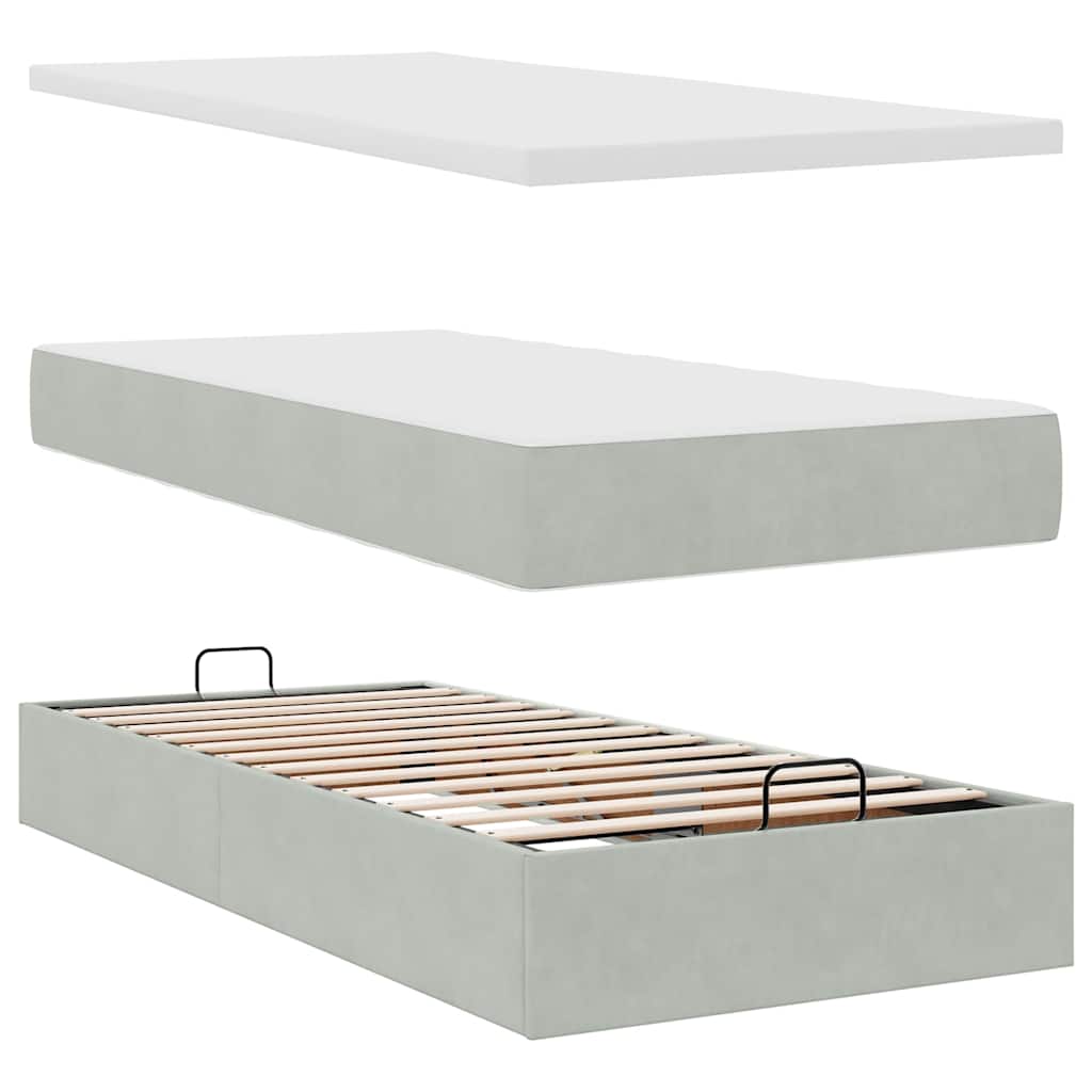 Cadre de lit ottoman et matelas gris clair 160x200cm velours - XIOS