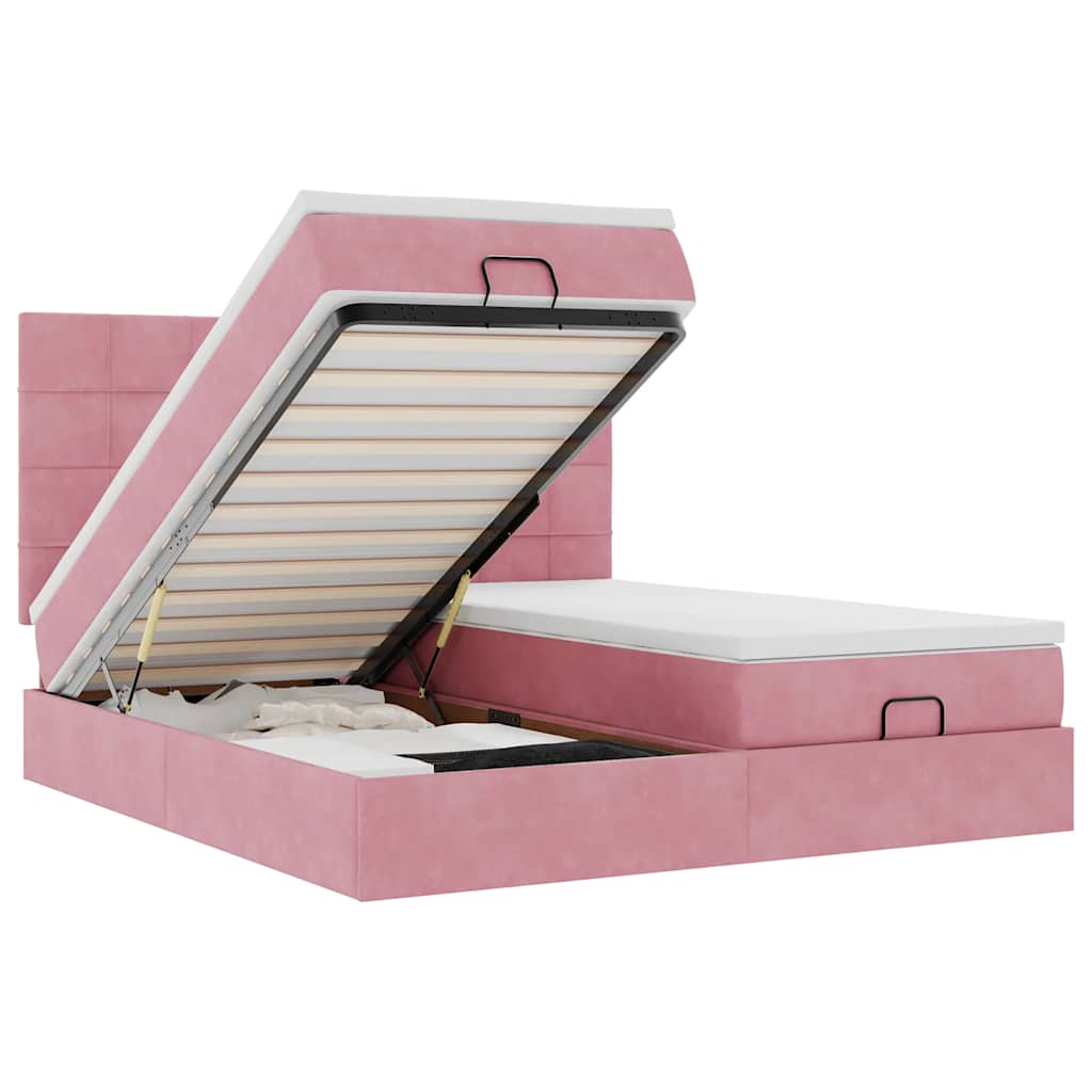 Cadre de lit ottoman avec matelas rose 160x200 cm velours - XIOS