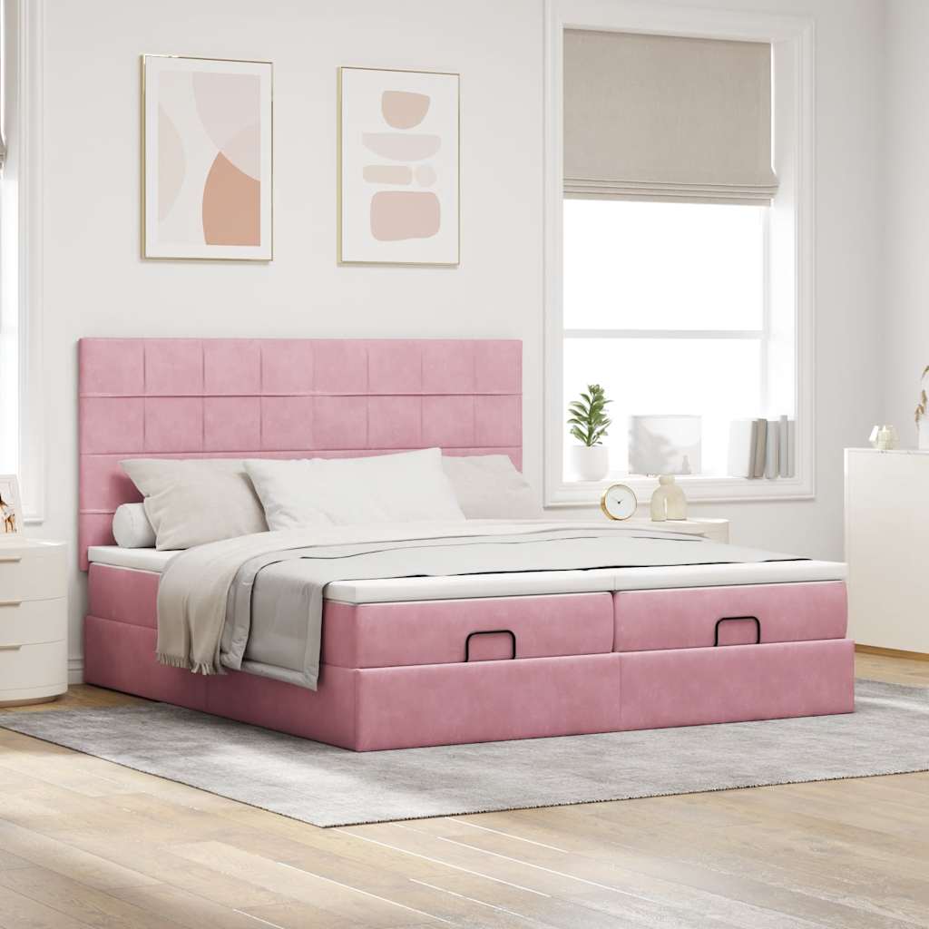 Cadre de lit ottoman avec matelas rose 160x200 cm velours - XIOS