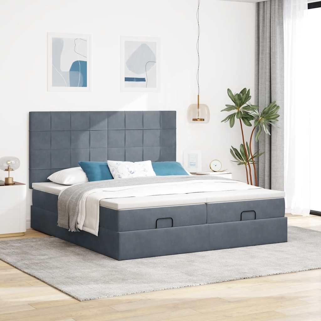 Cadre de lit ottoman avec matelas gris foncé 180x200cm velours - XIOS