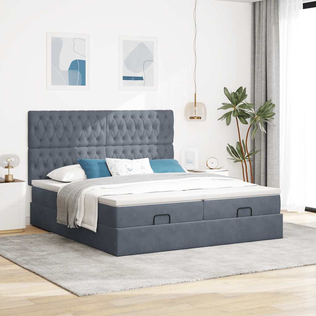 Cadre de lit ottoman avec matelas gris foncé 160x200cm velours - XIOS