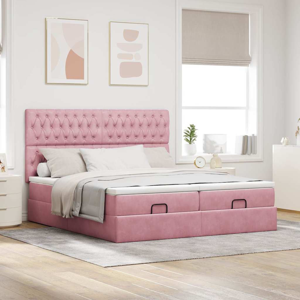 Cadre de lit ottoman avec matelas rose 160x200 cm velours - XIOS