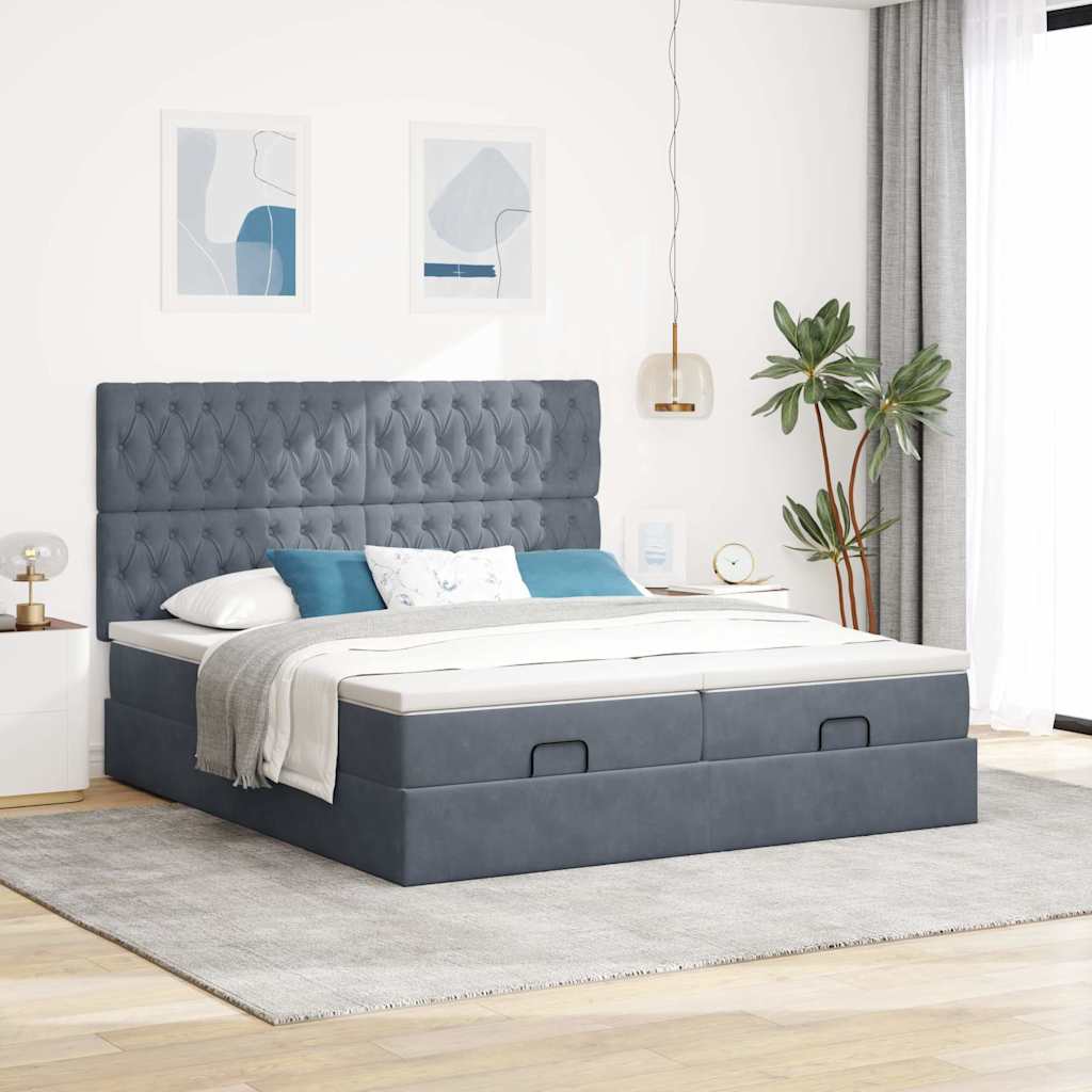 Cadre de lit ottoman avec matelas gris foncé 200x200 cm velours - XIOS