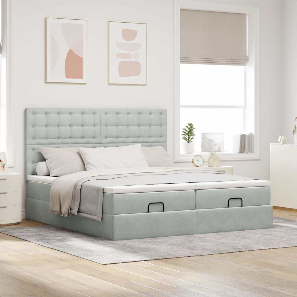 Cadre de lit ottoman et matelas gris clair 160x200cm velours - XIOS