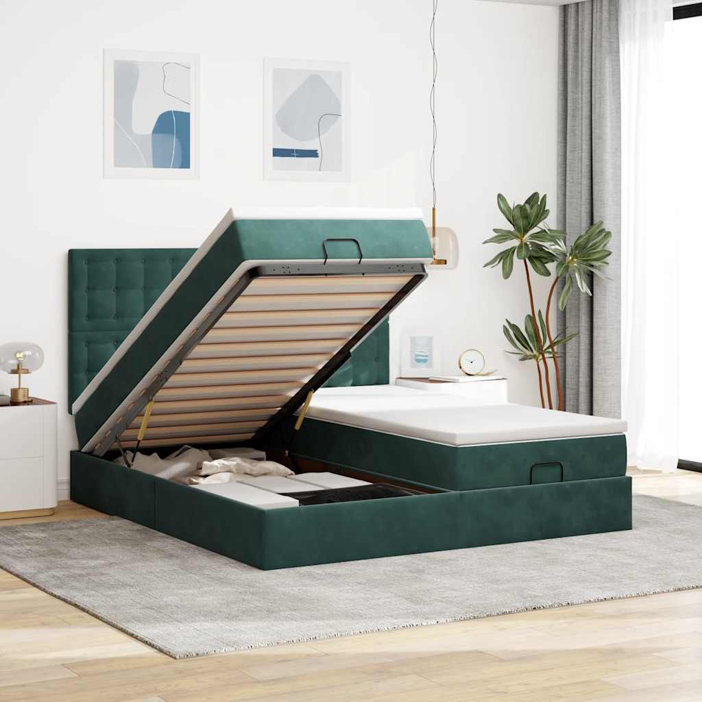 Cadre de lit ottoman avec matelas vert foncé 180x200cm velours - XIOS