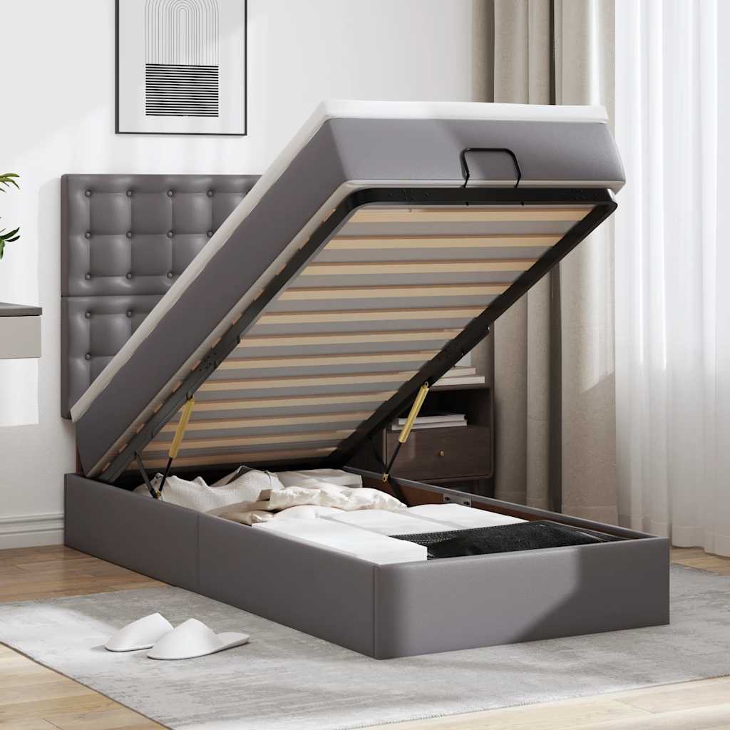 Cadre de lit ottoman avec matelas gris 90x200 cm similicuir - XIOS