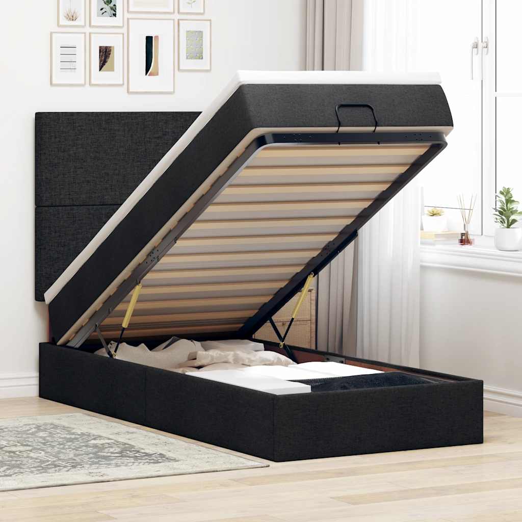 Cadre de lit ottoman avec matelas noir 90x190 cm tissu - XIOS