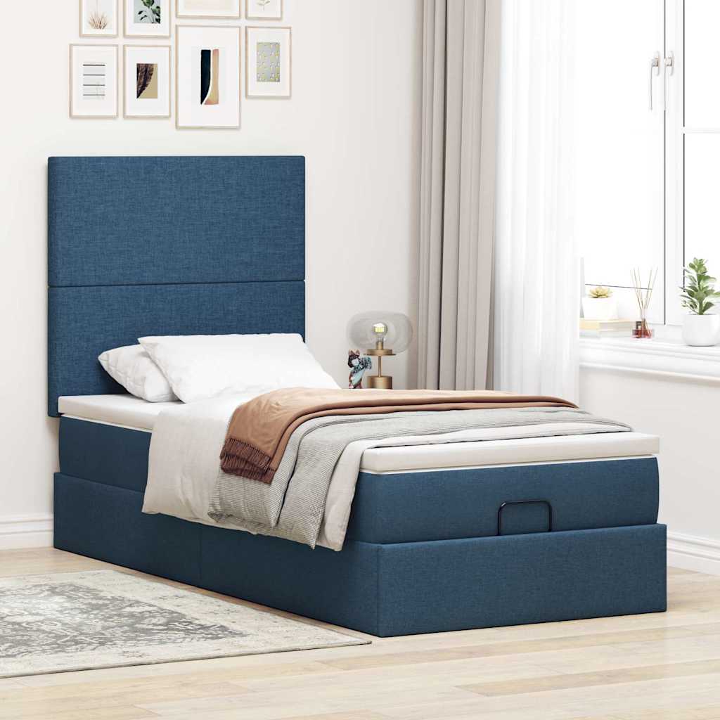 Cadre de lit ottoman avec matelas bleu 90x190 cm tissu - XIOS