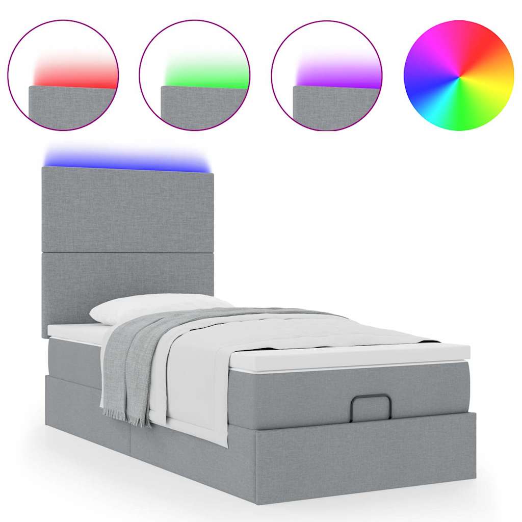 Lit ottoman avec matelas et LED gris clair 90x200 cm tissu - XIOS