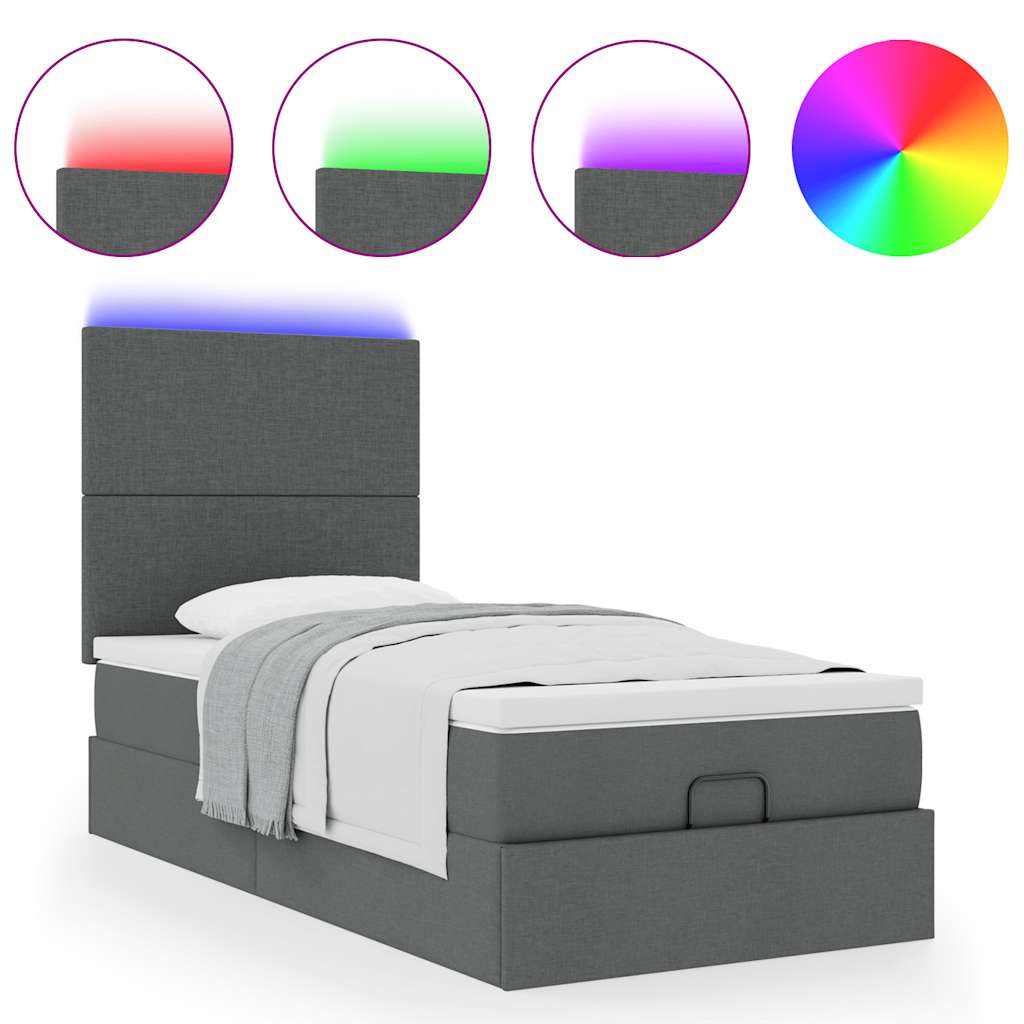 Lit ottoman avec matelas et LED gris foncé 90x200 cm tissu - XIOS